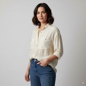 One Resource Women's Medium Silk Blouse Cream Button Down Long Sleeve‎ Elegant